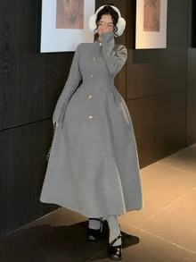 DAZY Autumn/Winter Gray Stand Collar Elegant Vintage Commute Date Elegant Women Mid-Length Dress - Grey - View 7