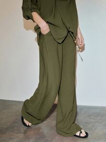 MOTF PREMIUM URBAN LOW WAIST ELASTIC WAIST DRAWSTRING DECOR WIDE LEG LONG PANTS SPRING SUMMER - Olive Green - View 6