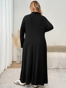 SHEIN CURVE+ Women's Plus Size Autumn/Winter Knit Ribbed Turtleneck Long Sleeve A-Line Dress 8XL Fall - Black - View 2
