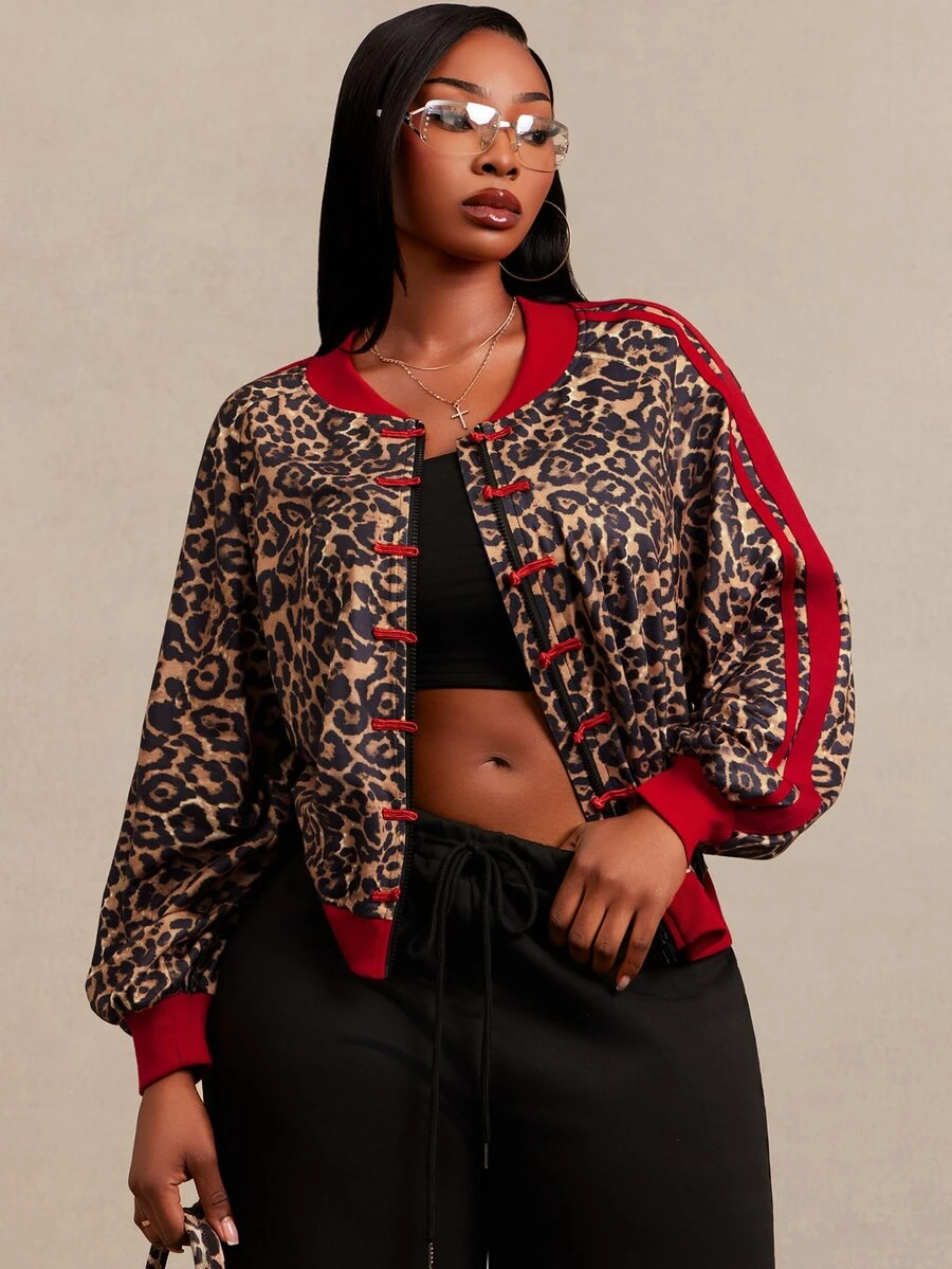 SHEIN SXY Plus Size Women's Long Sleeve Red Loose Cardigan With Frog Button Design Office Cocktail Autumn Sport Cowboy Fall - Multicolor - View 1
