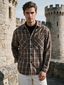 Manfinity Dauomo Men's Plaid Long Sleeve Single-Breasted Double Pocket Shirt - Brown - View 3