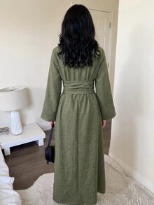 Solavon New Design Modern Chinese Style Frog Button Cinched Waist Slimming Elegant Daily Versatile Green Striped Dress - Army Green - View 7