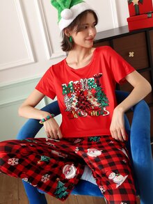 Chillnights Sweet & Cute Christmas Print Colorblock Crew Neck Pullover Women's Pajama Set - Multicolor - View 5