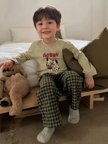 Dazy Kids Infant (Boy) Round Neck Short Sleeve Cartoon T-Shirt And Plaid Long Pants 2 Pieces Set Loungewear Fall - Green - View 9