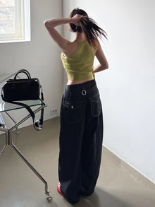 Dazy Tall 女款休閒寬鬆直筒牛仔褲，附口袋與鈕扣，秋季款 - 深色水洗藍 - 查看 5
