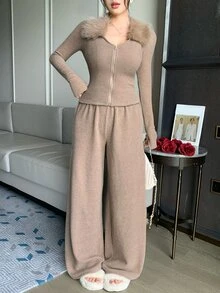 DAZY Women's Fur Collar Long Sleeve Zipper Front Knit Cardigan And Knit Pants Elegant 2 Pieces Set - Khaki - View 5