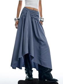 LYSMO Women's Plaid Asymmetrical Skirt, Check Skirt, Business Professional Women, Festival Outfits, Saudi National Day, Going Out, Asymmetrical Design - Blue - View 3