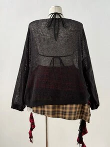 Sunspun Women Plus Size Hollow Out Sheer Mesh Knit Sweater, Long Sleeve Loose See Through Top, Y2K Gothic Luxe Halloween Going Out Cocktail Black Autumn - Black - View 2