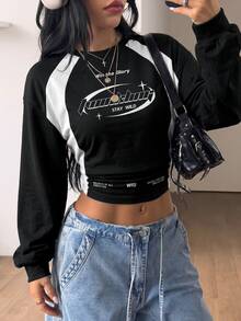 Coolane Women's Autumn Casual Colorblock Patchwork Letter Print Cropped Sweatshirt - White - View 5