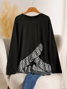 CosyJoli Plus Size Women's Round Neck Long Sleeve Patchwork Plaid Ruffle Hem Casual T-Shirt - Black and White - View 1