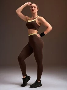 Powerista Women's Brown Sports Bra & Tight 9/10 Leggings Workout Set - Brown - View 6