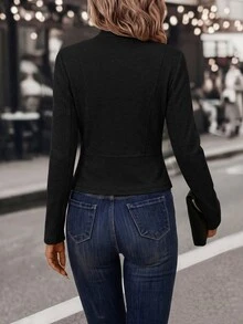 SHEIN Clasi 女款純色長袖前拉鍊休閒拿破崙夾克 - 黑色 - 查看 2