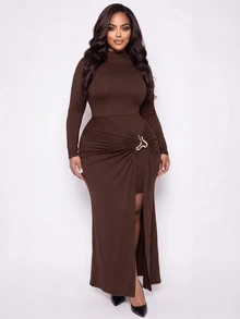 Poshavie Poshavie Plus Size Elegant Long Sleeve Bodycon Midi Dress Metal Ring Ruched Wrap Party Autumn Dress - Brown - View 7