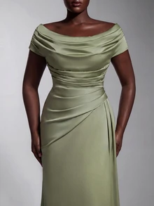 Elitara Plus Size Elegant Luxurious Sage Green Elastic Satin Ruched Off Shoulder Mermaid Dress For Wedding Formal Party, Vacation, Ball, Evening Event, Autumn - Green - View 2