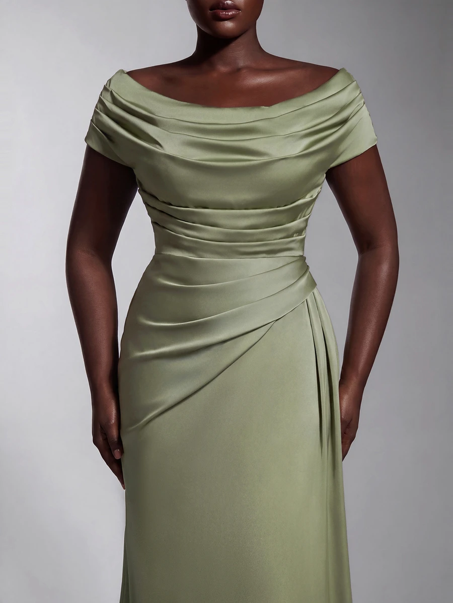 Elitara Plus Size Elegant Luxurious Sage Green Elastic Satin Ruched Off Shoulder Mermaid Dress For Wedding Formal Party, Vacation, Ball, Evening Event, Autumn