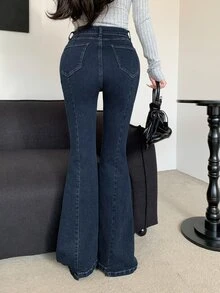 DAZY 女款休閒日常牛仔褲，附口袋與鈕扣，秋季款 - 藍色 - 查看 4