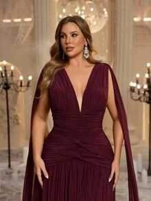Glamrae Plus Size Elegant Luxurious Angora Red V-Neck Flutter Sleeve Ruched Twist A-Line Evening Gown, Suitable For Evening Party, Date, Vacation, Wedding, Event, Guest Dress - Burgundy - View 5