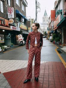 Nöista Pink Polka Dot Cropped Military Jacket. Fall Winter, Retro, Cute, Casual, Statement Piece. - Red - View 4