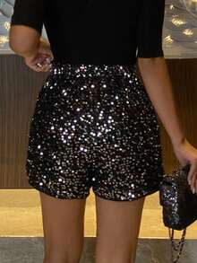 Livesso Women's Solid Color Sequin Loose Fashion Disco Sexy Shorts Halloween Night Black Sequin Summer Clubbing Party Night - Silver - View 2