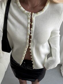 Livesso Women's Winter White Round Neck Button Cable Knit Long Sleeve Slim Fit Ribbed Cardigan - White - View 5