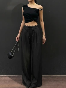 DAZY 女款寬鬆休閒蕾絲拼接長褲 - 黑色 - 查看 5