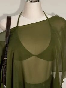 SHEIN ICON 大尺碼雪紡外套與三角罩杯繫帶背心兩件套女裝 - 軍綠色 - 查看 8