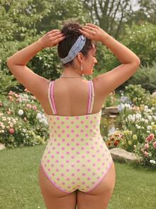 Swim Mod 2026 New Spring/Summer Plus Size One-Piece Polka Dot Random Print Large Scoop Neck Front Center White Ring Design Dual-Color Detachable Shoulder Strap Women's One-Piece Swimsuit Suitable For Beach Vacation Wear - Multicolor - View 3