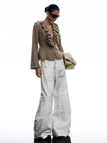 LYSMO Women's Striped Deep V-Neck Ruffle Trim Fashion Versatile Overcoat Autumn Clothes Night Out Outfit - Khaki - View 10