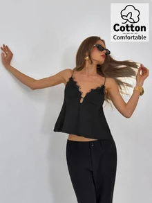 Aloruh Women's Spring/Summer New Solid Black Lace Trim Camisole - Black - View 7