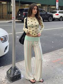 Aloruh Women's Early Autumn Mint Green Casual Patchwork Contrast Color Striped Versatile Daily Pants, Y2K Striped Long Pants - Mint Green - View 6