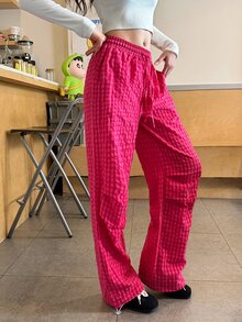 K-Vae Women's Loose Casual Tie Waist Plaid Long Pants In Rose Red - Hot Pink - View 8