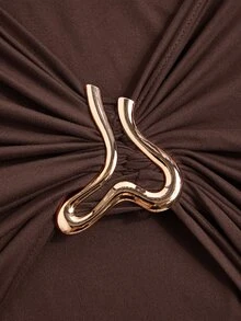 Poshavie Poshavie Plus Size Elegant Long Sleeve Bodycon Midi Dress Metal Ring Ruched Wrap Party Autumn Dress - Brown - View 9