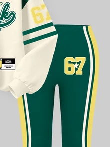 Young Girls Fall New York Letter Color Block Crew Neck Sweatshirt & Pants Set In Dark Green & Gold, Casual Autumn Outfit - Multicolor - View 4