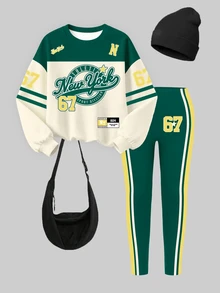 Young Girls Fall New York Letter Color Block Crew Neck Sweatshirt & Pants Set In Dark Green & Gold, Casual Autumn Outfit - Multicolor - View 3