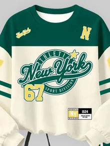 Young Girls Fall New York Letter Color Block Crew Neck Sweatshirt & Pants Set In Dark Green & Gold, Casual Autumn Outfit - Multicolor - View 5