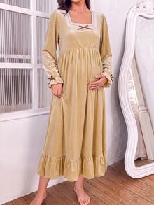 Moonlight&Mama Gaun Tidur Hamil Lengan Panjang Leher Persegi Motif Garis-garis Beludru Musim Gugur/Dingin - Kuning - View 1