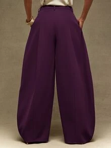 Vixey Solid Brown Suiting High Waist Barrel Leg Office Pants - Purple - View 4