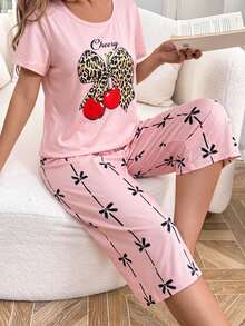 SHEIN 豹紋蘋果蝴蝶結短袖短褲睡衣套裝 - 彩色 - 查看 6