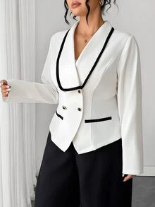Elenzga Plus Size Women's Colorblock Casual Commute Blazer - Apricot - View 4