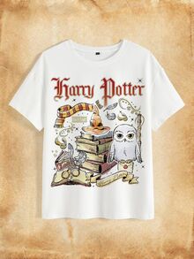 HARRY POTTER X SHEIN 女款字母卡通印花休閒日常短袖T恤 - 白色 - 查看 7