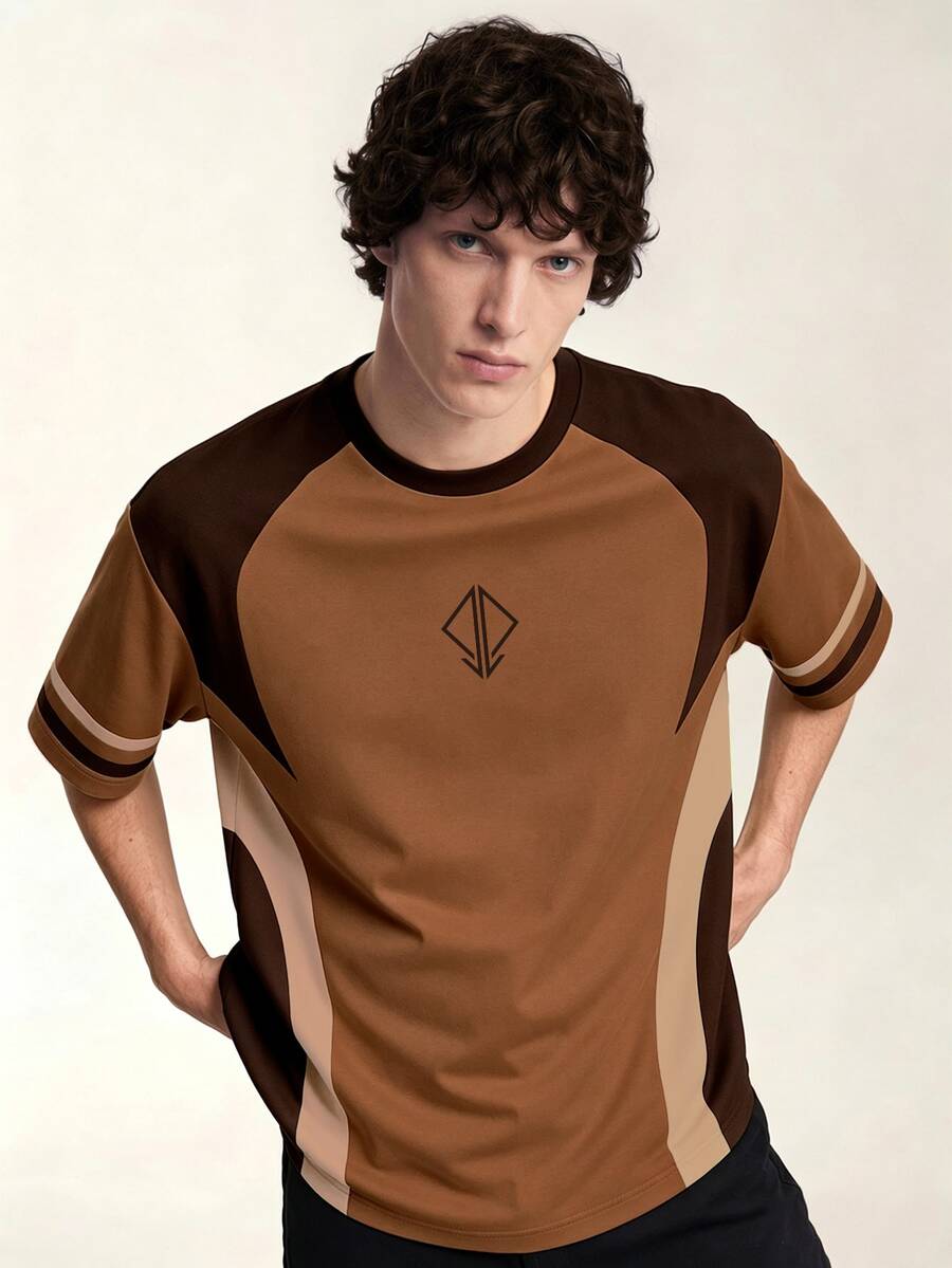 Limitiso Men's Colorblock Casual Versatile Daily Wear Short Sleeve T-Shirt - Brown - View 1