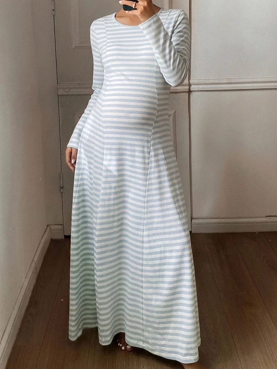 Dazy Maternity Contrast Stripe Umbrella Skirt Long Sleeve Round Neck Casual Vacation Versatile Daily Spring Autumn Maternity Dress - Blue - View 1