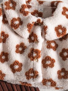 Genkimix Kids Women's Long Plush Coffee Brown Floral Pattern Large Collar Long Sleeve Button-Up Jacket + Hat Accessory, Paired With Brown Ribbed Tank Top Jumpsuit Set, Suitable For Autumn/Winter Daily Wear, Travel, Vacation, And Party - Brown - View 4