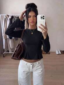 Siren Gaze Solid Color Round Neck Long Sleeve Slim Fit T-Shirt For Women, Autumn New Style - Black - View 8
