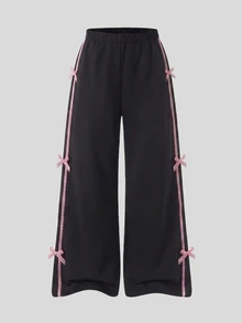 SHEIN Sparklyn 3件組 青少年女孩海軍藍返校系列 藍色條紋飾邊連帽拉鍊外套、背心與寬鬆褲套裝 - 黑色 - 查看 4