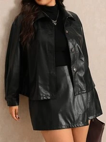 Elaquor Plus Size Women's Solid Color PU Leather Single-Breasted Jacket And Skort Fashion 2 Pieces Set Winter - Black - View 3