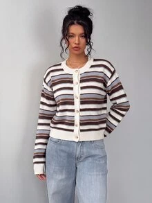 SHEIN BASICS 女款休閒針織開襟衫，條紋針織毛衣，女款秋冬服飾，女款返校穿搭 - 彩色 - 查看 5