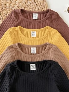 SHEIN 女嬰休閒可愛針織百搭純色長袖上衣 4件組 - 黃色 - 查看 8