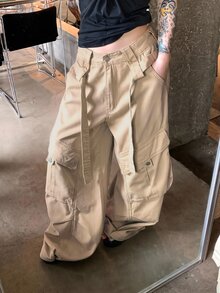 Dazy Plus Heavy-Duty Design Large Pocket Loose Wide-Leg Casual Street Long Denim Jeans - Beige - View 5