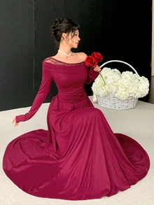 DAZY Women's Solid Color Contrast Lace Asymmetrical Shoulder Long Sleeve Side Waist Knot Elegant Mid-Length Dress Fall - Burgundy - View 4
